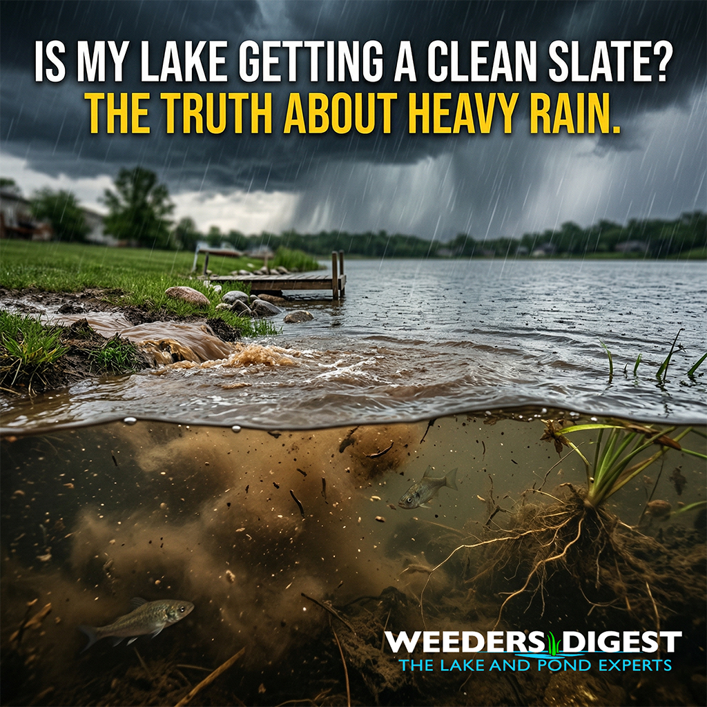 <p>Is My Lake Getting a Clean Slate? The Truth About Heavy Rain and Water Quality</p>
<p>When you see a massive rainstorm drenching your property, it is natural to think of it as a giant bathtub faucet being left on. You might imagine that all that fresh rainwater is pushing out the old, stagnant water and "flushing" your pond or lake clean. In your...</p>
<p><a href="https://weedersdigest.com/is-my-lake-getting-a-clean-slate-the-truth-about-heavy-rain-and-water-quality/">Read more</a></p>