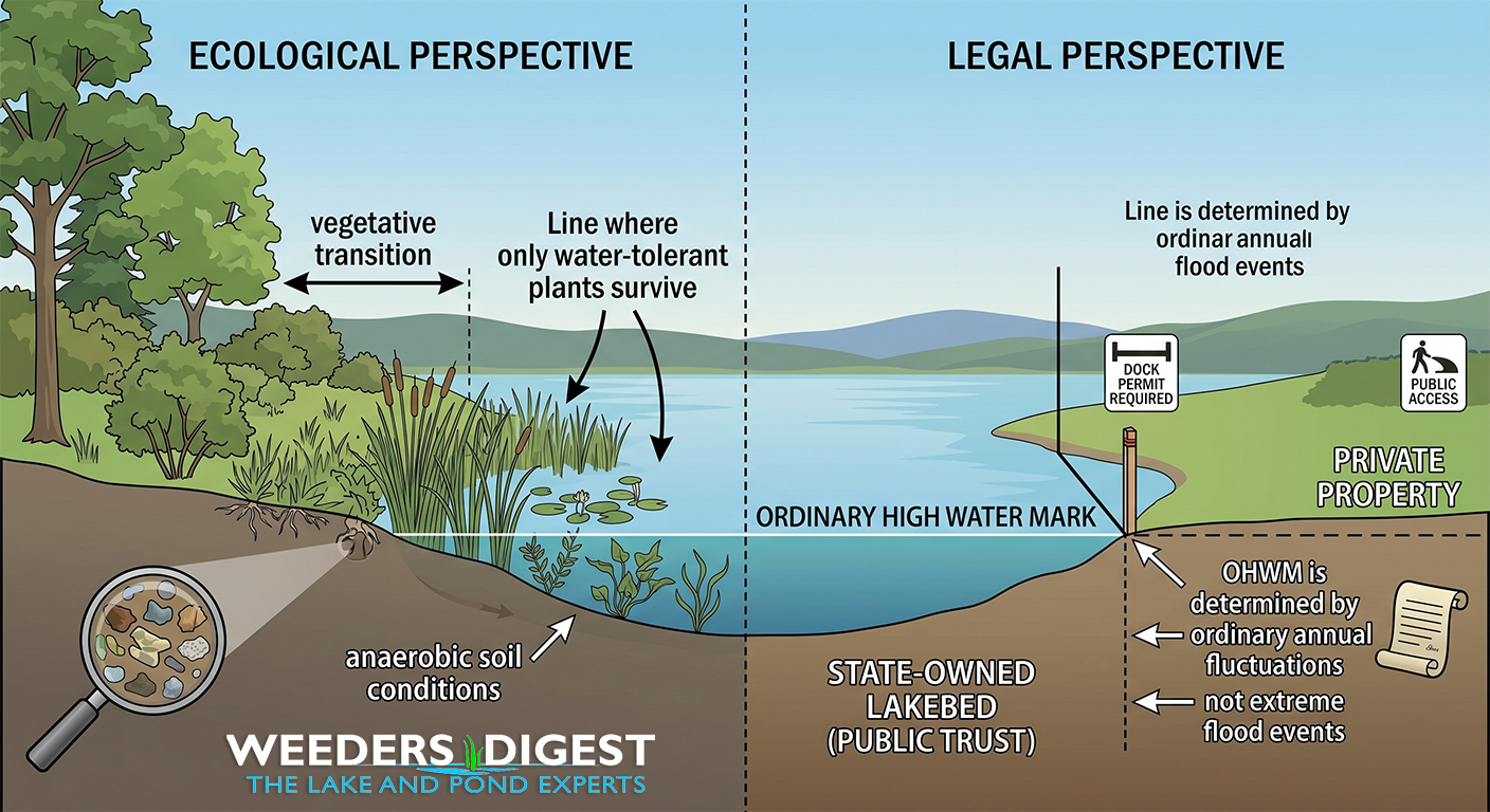 <p>My Shoreline, My Boundary: Understanding Your Lake&rsquo;s High Water Mark</p>
<p>Have you ever noticed a distinct line on your rocks or a point where the lush grass suddenly gives way to aquatic plants? That isn't just a mark left by a rainy season; it is likely the Ordinary High Water Mark (OHWM). For anyone lucky enough to own waterfront property, understanding this line is essential because it serves as the legal and biological boundary between your private backyard and the public waters. It is the pulse of the lake, representing the highest level the water reaches under normal conditions without including extreme, one-off flood events...</p>
<p><a href="/lake-and-pond-science/my-shoreline-my-boundary-understanding-your-lake-s-high-water-mark/">Read more</a></p>